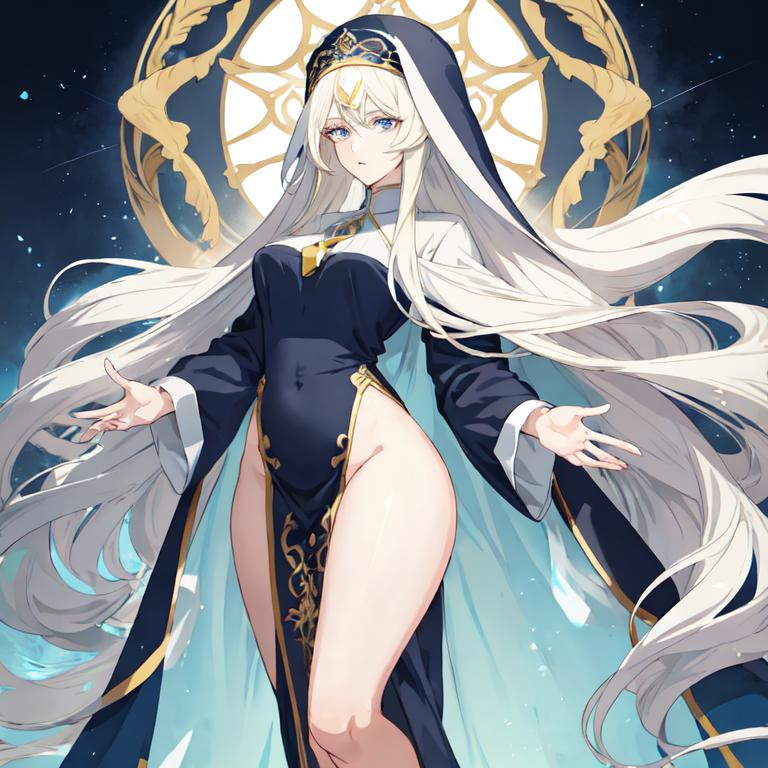 Prompt: Anime-style illustration of a tall woman,  his hair is long and white-blond, full body, detailed eyes in dark bleu, flowing hair, thick thighs, they wear tight nun's clothing in blue and black ,  elegant posture, highres, anime, detailed hair, soft pastel tones, graceful, professional, ultra detailed face, very detailed clothing, best quality