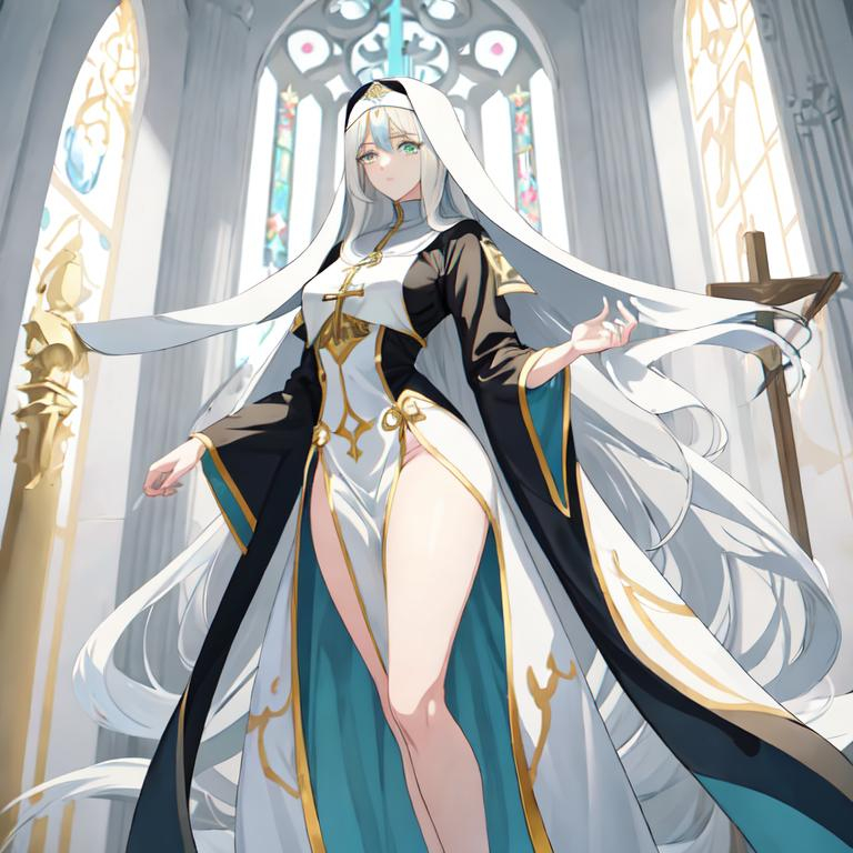 Prompt: Anime-style illustration of a tall woman,  her hair is long and white in shades of blond, full body, visible hip, detailed eyes, those eyes are dark blue, flowing hair, thick thighs, they wear tight nun's clothing in turquoise and black,  elegant posture, highres, anime, detailed hair, she stand in the churche of the holy light, calm and soothing face, soft pastel tones, graceful, professional, ultra detailed face, very detailed clothing, best quality