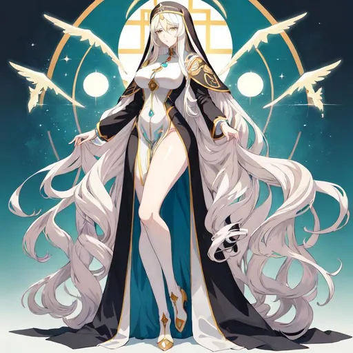 Prompt: Anime-style illustration of a beautiful tall woman,  her hair is long and white in shades of blond, full body, thick thighs, detailed eyes, those eyes are in dark blue, flowing hair, these legs are thick and completely exposed, they wear nun's clothing in turquoise and black,  elegant posture, highres, anime, detailed hair, she is in the churche of the holy light, a hapy expression on his face, soft pastel tones, graceful, professional, ultra detailed face, very detailed clothing, best quality