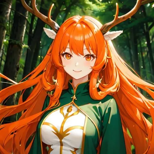 Prompt: A smiling dryad with extremely long and dense curly orange hair. She in a dense pine tree forest. She is facing away from the camera. She have antler on his head.
