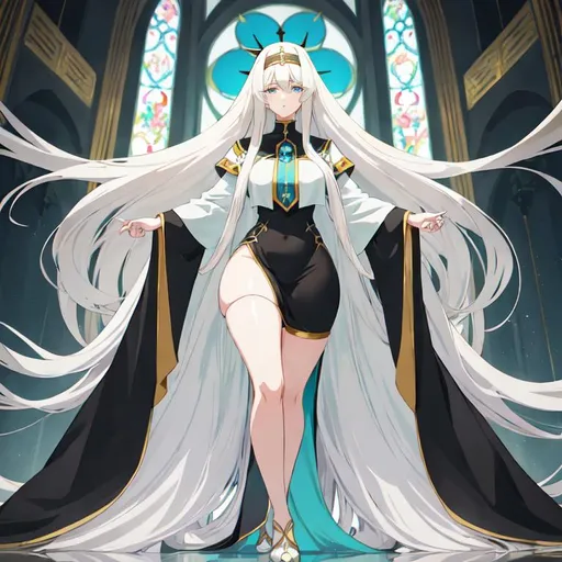 Prompt: Anime-style illustration of a tall woman,  her hair is long and white in shades of blond, full body, thick thighs, detailed eyes, those eyes are dark blue, flowing hair, these thighs are thick and visible, they wear tight nun's clothing in turquoise and black,  elegant posture, highres, anime, detailed hair, she stand in the churche of the holy light, a calm and smiling expression on his face, soft pastel tones, graceful, professional, ultra detailed face, very detailed clothing, best quality