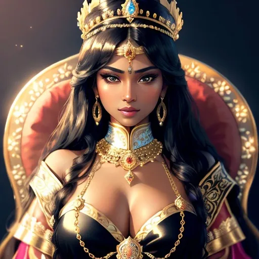 Prompt: Top view Illustration of a majestic throne, ornate golden tiara, beautiful Indian black tone skin queen, regal attire, detailed jewelry, high-res, royal, detailed, ornate, traditional Indian style, majestic lighting, elegant, professional, opulent, queenly, dramatic, detailed facial features, royal robes, traditional, captivating gaze, grand, luxurious, regal, vibrant colors, rich and warm lighting