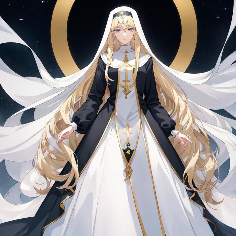 Prompt: Anime-style illustration of a tall woman,  his hair is long and white-blond, full body, detailed eyes in dark bleu, flowing hair,they wear nun's clothing,  elegant posture, highres, anime, detailed hair, soft pastel tones, graceful, professional, ultra detailed face, very detailed clothing, best quality