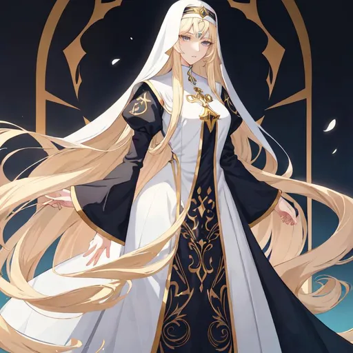 Prompt: Anime-style illustration of a tall woman,  his hair is long and white-blond, full body, detailed eyes in dark bleu, flowing hair,they wear nun's clothing,  elegant posture, highres, anime, detailed hair, soft pastel tones, graceful, professional, ultra detailed face, very detailed clothing, best quality