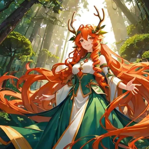 Prompt: A smiling dryad with very long and dense curly orange hair. She in a dense pine tree forest. She is facing away from the camera. She have antler on his head.