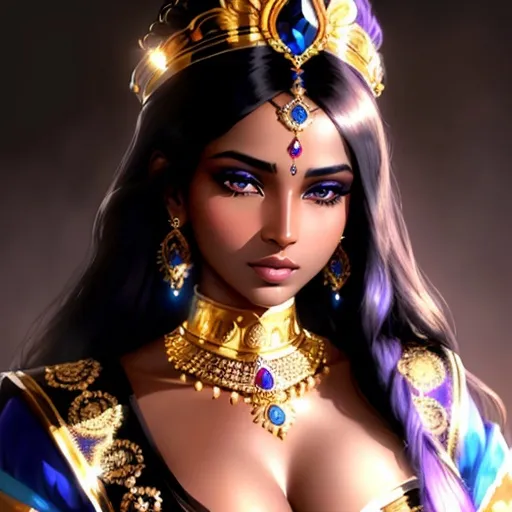 Prompt: Illustration of a majestic Indian black skin queen withe bleu eyes, regal attire, detailed jewelry, high-res, royal, detailed, ornate, traditional Indian style, majestic lighting, elegant, professional, opulent, queenly, dramatic, detailed facial features, royal robes, traditional, captivating gaze, grand, luxurious, regal, vibrant colors, rich and warm lighting