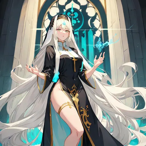 Prompt: Anime-style illustration of a tall woman,  her hair is long and white in shades of blond, full body, visible hip, detailed eyes, those eyes are dark blue, flowing hair, thick thighs, they wear tight nun's clothing in turquoise and black,  elegant posture, highres, anime, detailed hair, she is in the churche of the holy light, soft pastel tones, graceful, professional, ultra detailed face, very detailed clothing, best quality