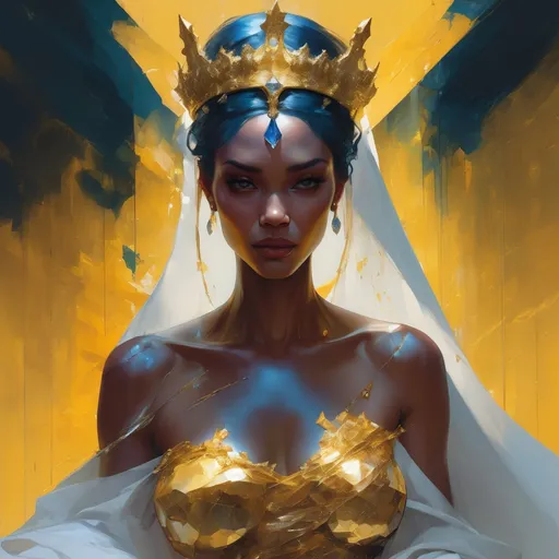 Prompt: queen made of yelow crystal geode, sheer white cloth falling down around her made of bleu geode, by artgerm, alessio albi, fabian perez, pino daeni, karol bak, cushart, wlop, craig mullins, peter mohrbacher, daniel f gerhartz, malcolm liepke