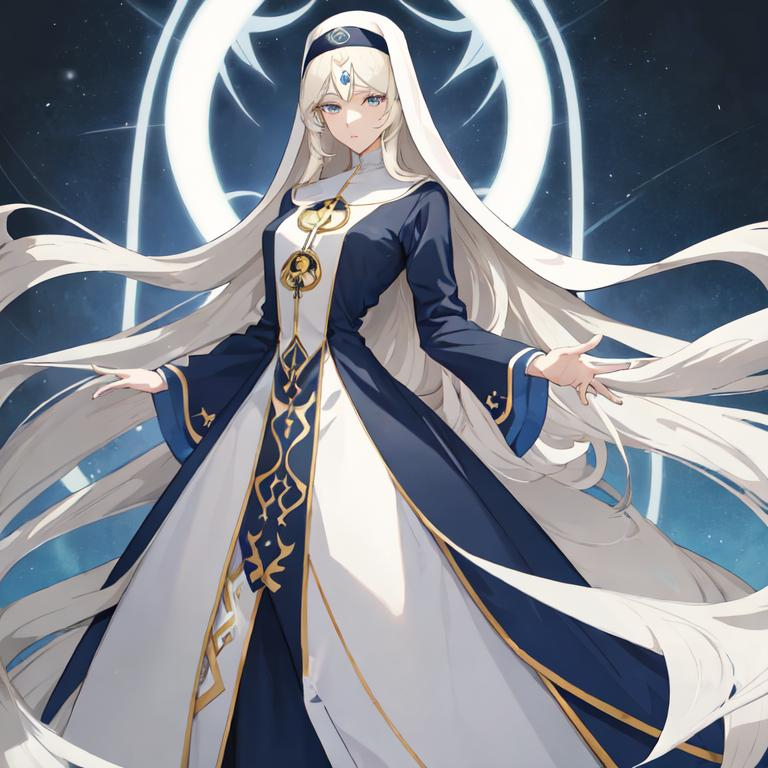 Prompt: Anime-style illustration of a tall woman,  his hair is long and white-blond, full body, detailed eyes in dark bleu, flowing hair, thick thighs, they wear tight-fitting nun's clothing in blue ,  elegant posture, highres, anime, detailed hair, soft pastel tones, graceful, professional, ultra detailed face, very detailed clothing, best quality