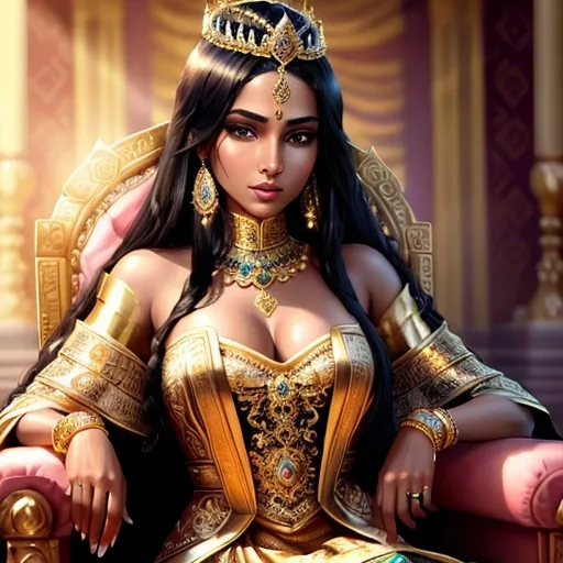 Prompt: Illustration of a majestic throne, ornate golden tiara, beautiful Indian black skin queen, green eyes regal attire, detailed jewelry, high-res, royal, detailed, ornate, traditional Indian style, majestic lighting, elegant, professional, opulent, queenly, dramatic, detailed facial features, royal robes, traditional, captivating gaze, grand, luxurious, regal, vibrant colors, rich and warm lighting