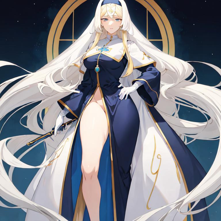 Prompt: Anime-style illustration of a tall woman,  his hair is long and white-blond, full body, detailed eyes in dark bleu, flowing hair, thick thighs, they wear tight-fitting nun's clothing in blue ,  elegant posture, highres, anime, detailed hair, soft pastel tones, graceful, professional, ultra detailed face, very detailed clothing, best quality