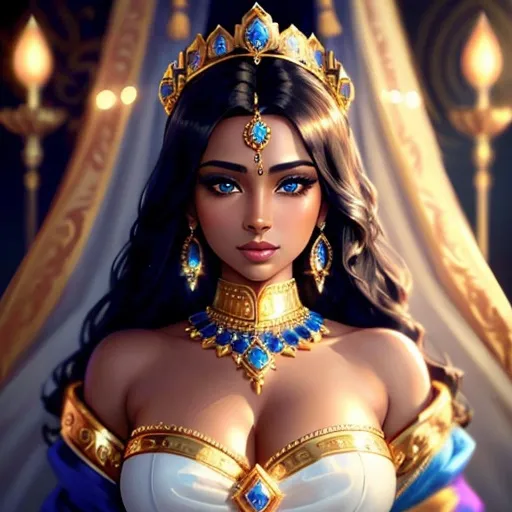 Prompt: Illustration of a majestic throne, ornate golden tiara, beautiful Indian black skin queen withe bleu eyes, regal attire, detailed jewelry, high-res, royal, detailed, ornate, traditional Indian style, majestic lighting, elegant, professional, opulent, queenly, dramatic, detailed facial features, royal robes, traditional, captivating gaze, grand, luxurious, regal, vibrant colors, rich and warm lighting