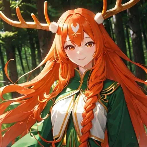 Prompt: A smiling foreste spirit with extremely long and dense curly orange hair. She in a dense pine tree forest. She is facing away from the camera. She have antler on his head. wooden skin