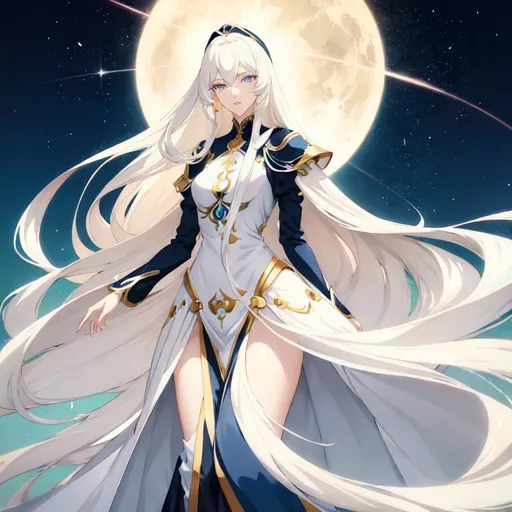 Prompt: Anime-style illustration of a tall woman,  his hair is long and white-blond, full body, detailed eyes in dark bleu, flowing hair, elegant posture, highres, anime, detailed hair, soft pastel tones, graceful, professional, ultra detailed face, very detailed clothing, best quality