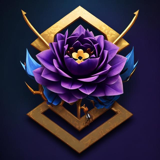 Prompt: a stylized symbol , A Blue carnation flower  in a Crown of Purple Thorns with Golden Accents, the background is black
