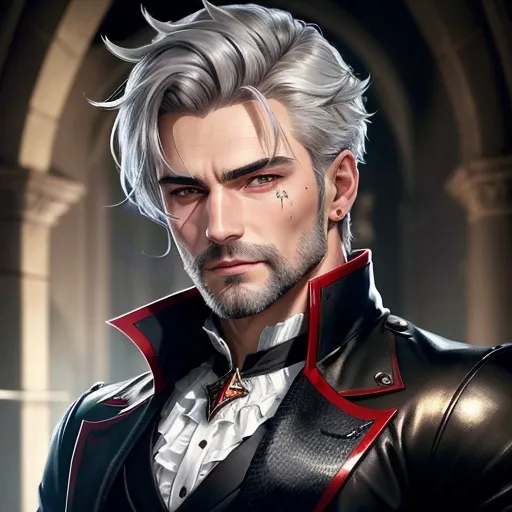 Prompt: A upper torso portrait of 'Olivier'. Olivier is a half-vampire with short withe hair, grey skin color, its expression is serious and neutral and loyal, Olivier is handsome and has a few wrinkles on his face, his eyes are ultra detailed and very beautiful, his right eye is red and his right eye is yellow, he wears a grey beard, very detailed clothing, best quality, He has a scar on his left cheek, he wears a noble adventurer's outfit in black with red details