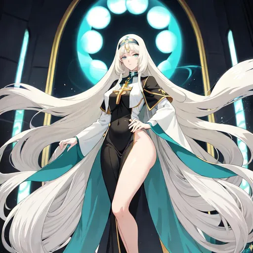 Prompt: Anime-style illustration of a tall woman,  her hair is long and white in shades of blond, full body, visible hip, detailed eyes, those eyes are dark blue, flowing hair, thick thighs, they wear tight nun's clothing in turquoise and black,  elegant posture, highres, anime, detailed hair, she is in the churche of the holy light, soft pastel tones, graceful, professional, ultra detailed face, very detailed clothing, best quality