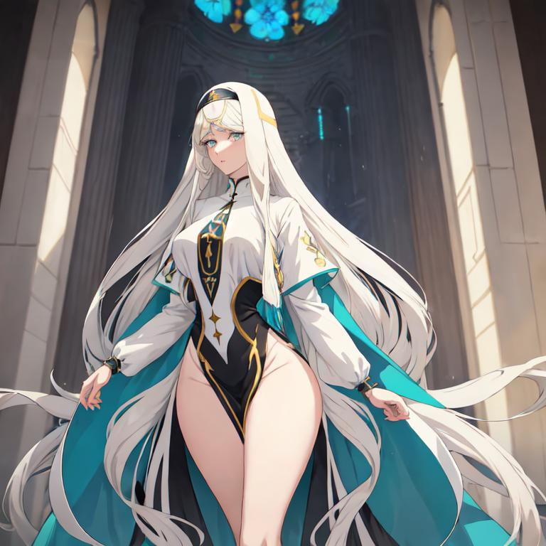 Prompt: Anime-style illustration of a tall woman,  her hair is long and white in shades of blond, full body, thick thighs, detailed eyes, those eyes are dark blue, flowing hair, these thighs are thick and visible, they wear tight nun's clothing in turquoise and black,  elegant posture, highres, anime, detailed hair, she stand in the churche of the holy light, a smiling expression on his face, soft pastel tones, graceful, professional, ultra detailed face, very detailed clothing, best quality