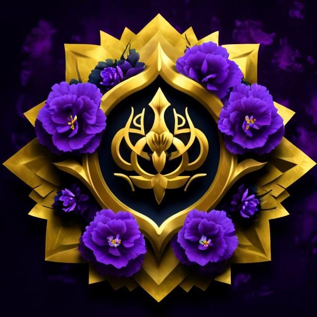 Prompt: a stylized symbol , A blue carnation flower, surrounded by a crown of purple thorns with golden accents., the image background is black