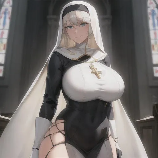 Prompt: one tall woman,white hair, thick thighs, blue eyes, wearing a nun dress with golde hood, visible hip ,standing in a church, smile in the face, anime character, detailed, vibrant, sharp focus, character design, wlop, artgerm, kuvshinov, character design, unreal engine