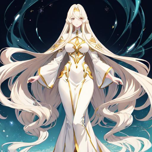 Prompt: Anime-style illustration of a tall woman with long,  his hair is long and white-blond, full body, detailed eyes, flowing hair, elegant posture, highres, anime, detailed hair, soft pastel tones, graceful, professional