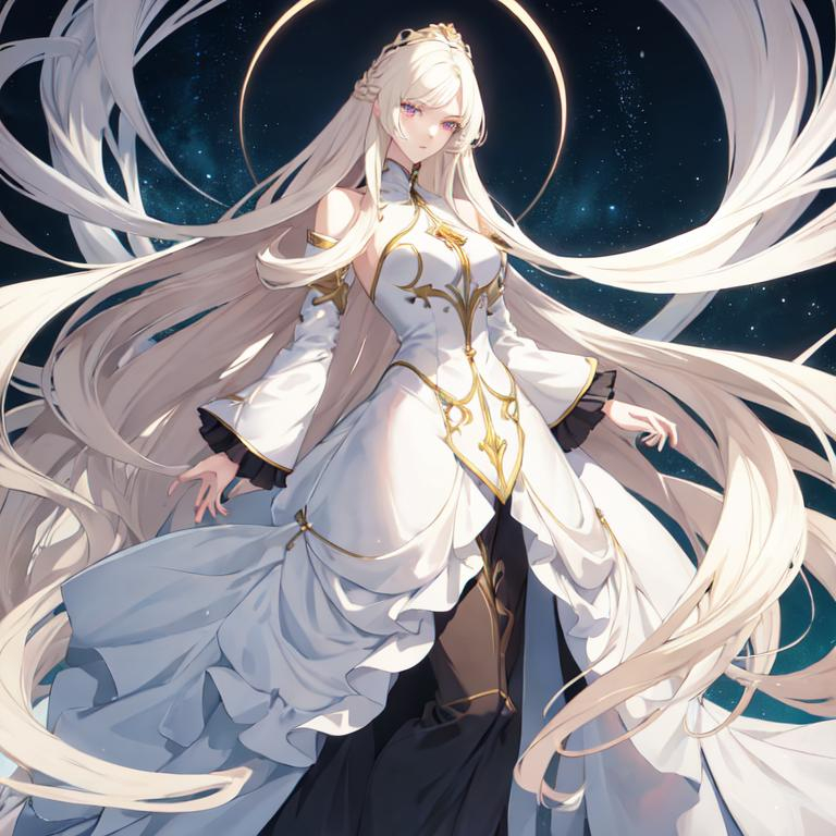 Prompt: Anime-style illustration of a tall woman,  his hair is long and white-blond, full body, detailed eyes in dark bleu, flowing hair, elegant posture, highres, anime, detailed hair, soft pastel tones, graceful, professional, ultra detailed face, very detailed clothing, best quality