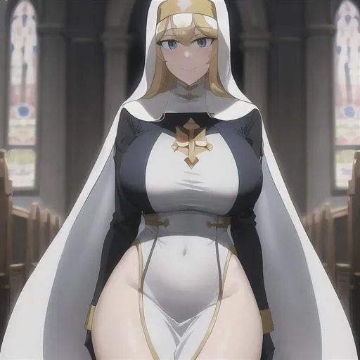 Prompt: one tall woman, long white and golden hair, thick thighs, blue eyes, wearing a nun dress with blue hood, visible hip ,standing in a church, smile in the face, anime character, detailed, vibrant, sharp focus, full body
