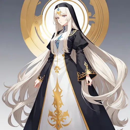 Prompt: Anime-style illustration of a tall woman,  his hair is long and white-blond, full body, detailed eyes in dark bleu, flowing hair,they wear nun's clothing,  elegant posture, highres, anime, detailed hair, soft pastel tones, graceful, professional, ultra detailed face, very detailed clothing, best quality