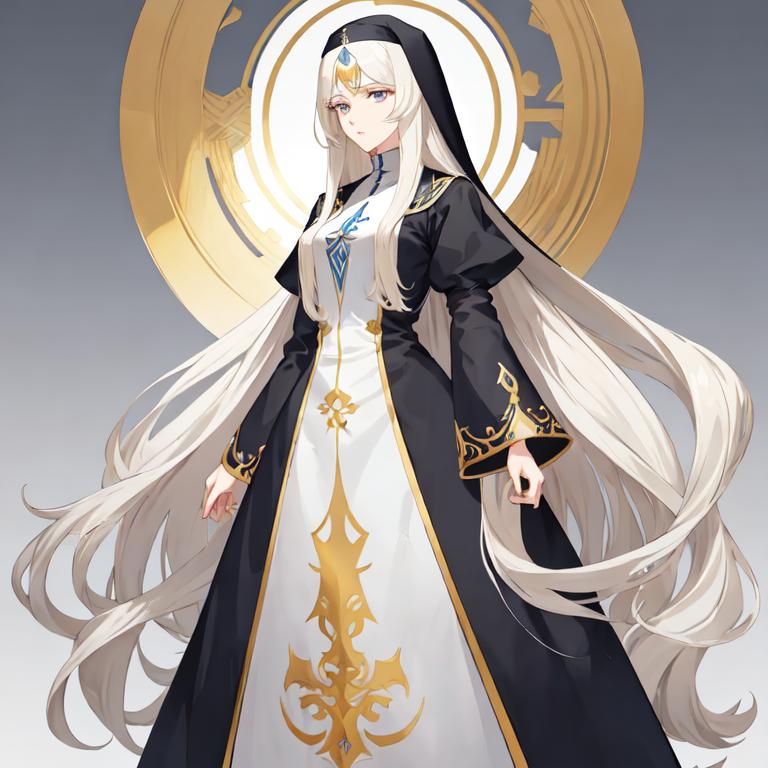 Prompt: Anime-style illustration of a tall woman,  his hair is long and white-blond, full body, detailed eyes in dark bleu, flowing hair,they wear nun's clothing,  elegant posture, highres, anime, detailed hair, soft pastel tones, graceful, professional, ultra detailed face, very detailed clothing, best quality