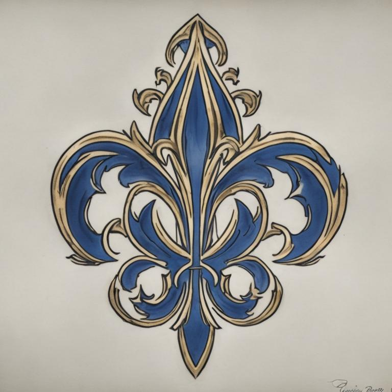 Prompt: A tattoo-style design of  the fleur-de-lis symbol colored in royale bleu and gold.