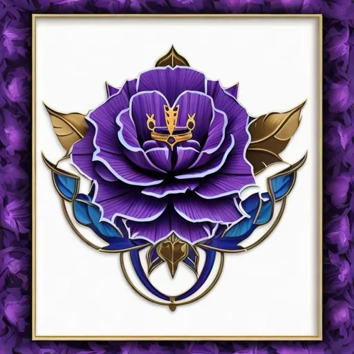 Prompt: a logo stylize, At the center of the symbol is a stylized Blue Carnation, the shades of blue varying slightly.

The Blue Carnation is framed by a Crown of Purple Thorns.

Delicate gold accents adorn the crown of thorns, strategically positioned to create an elegant contrast with the purple crown.
