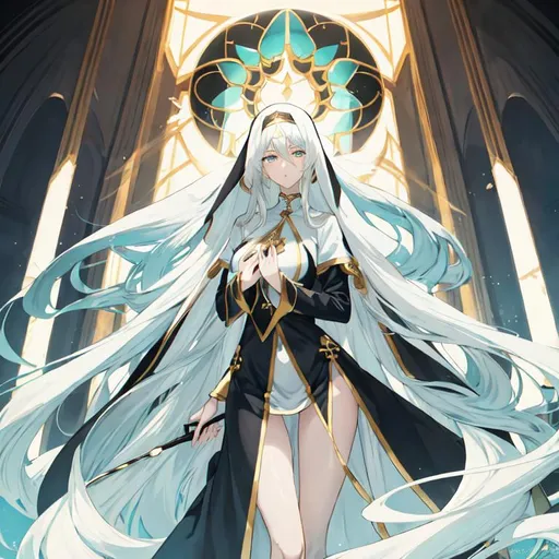 Prompt: Anime-style illustration of a tall woman,  her hair is long and white in shades of blond, full body, visible hip, detailed eyes, those eyes are dark blue, flowing hair, thick thighs, they wear tight nun's clothing in turquoise and black,  elegant posture, highres, anime, detailed hair, she stand in the churche of the holy light, calm and soothing face, soft pastel tones, graceful, professional, ultra detailed face, very detailed clothing, best quality