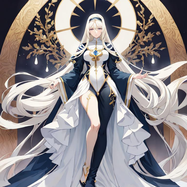 Prompt: Anime-style illustration of a tall woman,  his hair is long and white-blond, full body, detailed eyes in dark bleu, flowing hair, thick thighs, they wear tight nun's clothing in blue and black ,  elegant posture, highres, anime, detailed hair, soft pastel tones, graceful, professional, ultra detailed face, very detailed clothing, best quality