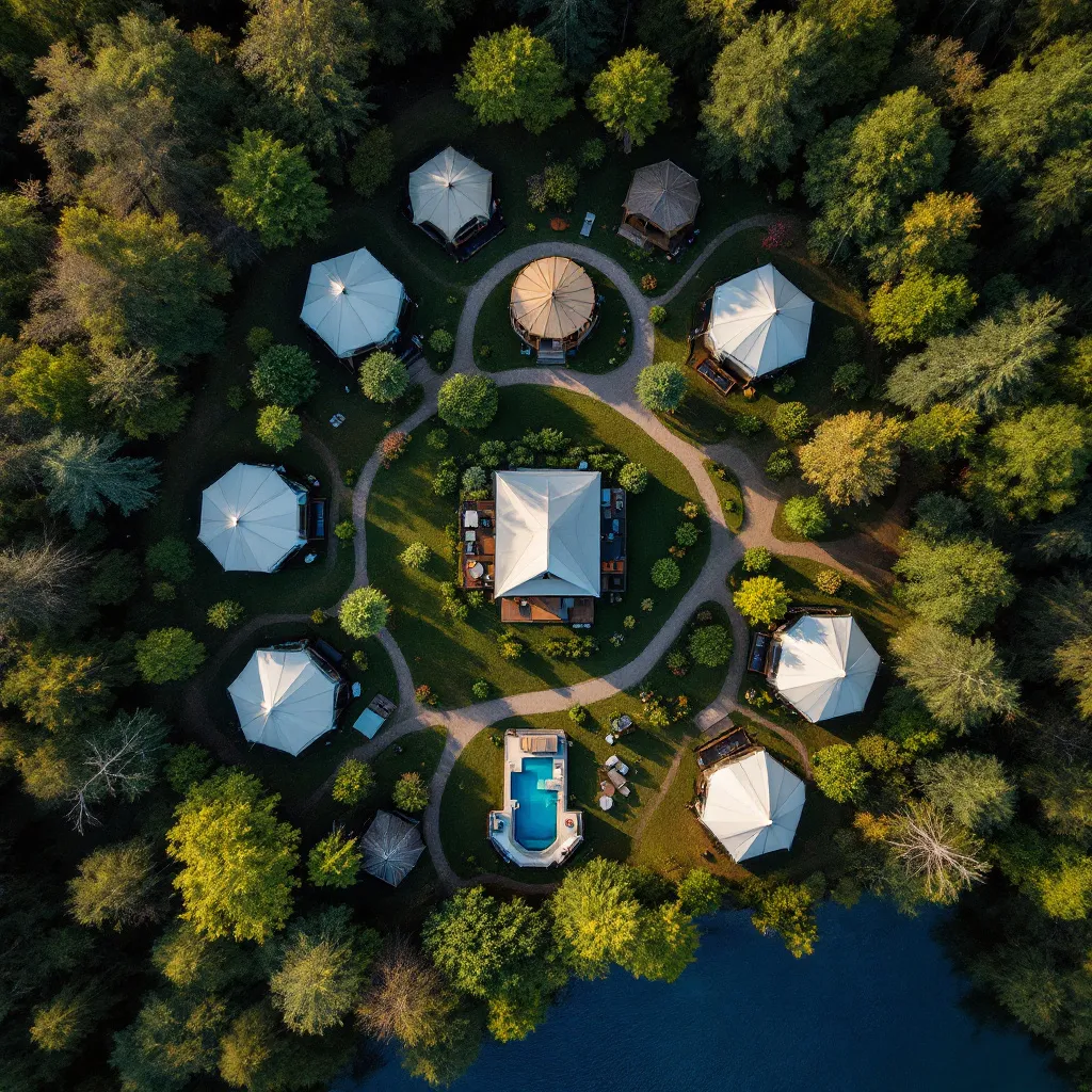 Prompt: a aerial view of a luxury safari tent resort with 12 sleeping sites, a central meeting tent for large gatherings, and a lounge/kitchen tent embedded in nature located in idlewild michigan