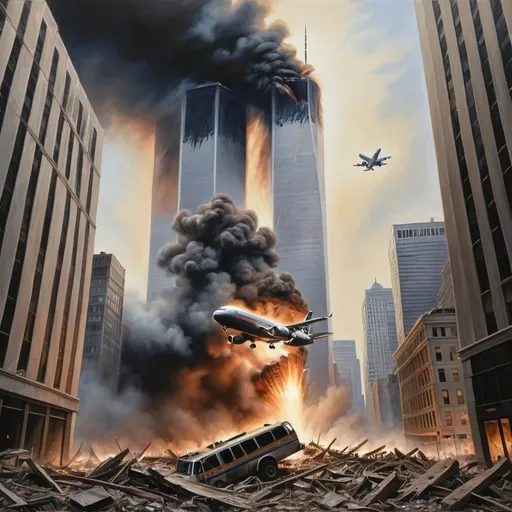 Prompt: Tragic 9/11 memorial oil painting, realistic portrayal of the plane crashing into twin towers, somber atmosphere, detailed smoke and debris, high-quality, oil painting, realistic, detailed smoke and debris, tragic, realistic, somber atmosphere, memorial, detailed, professional