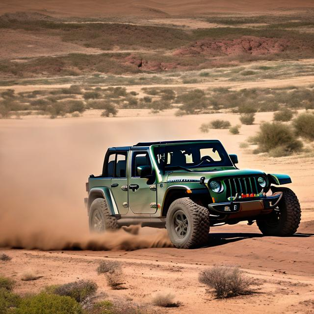 Prompt: Jeep taking a sharp turn dust flying at the wheels, clear sky's, jeep is dark mossy green, setting is on the dessert, small sand hills in the background, jeep had tinted windows black, no roads side profile of jeep, jeep looks modern and smooth, jeep has roof and spare wheel covers with black cloth on the back. Jeep is very very dark swamp green, no light colors on jeep. Sand is golden brown and there is no dead bushes, just sand jeep is taking a sharp turn and is making dust with wheels