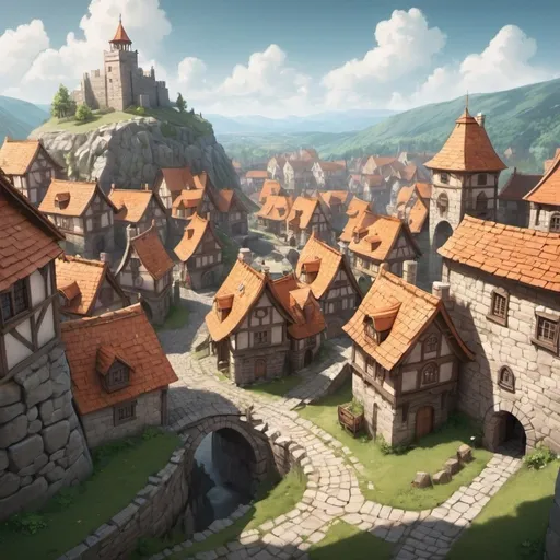 Prompt: A fantasy town surrounded by a stone wall. View from top.