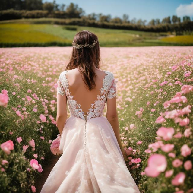 Prompt: Stunning woman in brides dress walking in flower field. Baby pink flowers only. Bride facing away from view. Same flowers all over the field.