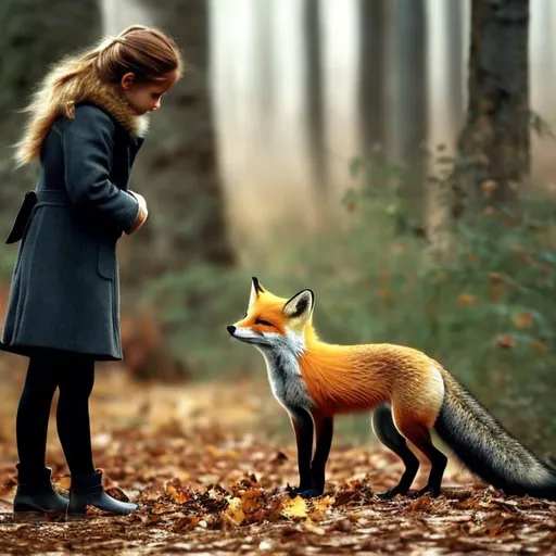 Prompt: One girl. One fox. Both looking away from view. Dark, tall trees surrounding them. Brown leaves on ground. Realistic.