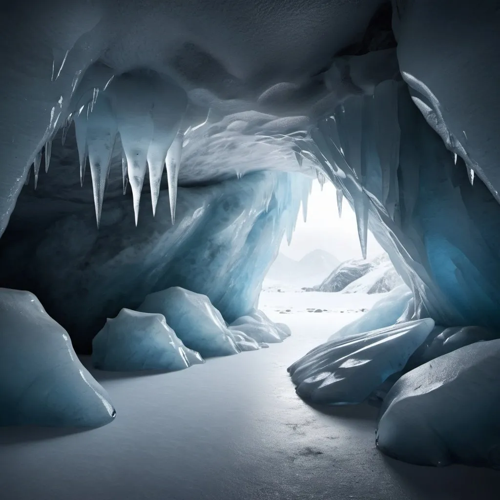Prompt: ice cave, realistic, no light, showing stone