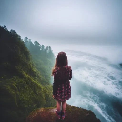 Prompt: Young adult on cliff front side raining ocean at bottom of cliff dark foggy forest background, mythical view of girls face with forest behind her 