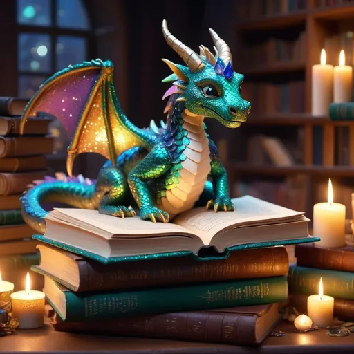 Prompt: (whimsical book dragon), colorful scales shimmering with hues of emerald and sapphire, perched atop a stack of ancient books, surrounded by magical sparkles, cozy library background filled with stacks of more books, soft warm candlelight illuminating the scene, serene and enchanting atmosphere, highly detailed and ultra-realistic, 4K quality, evoking a sense of wonder and imagination.