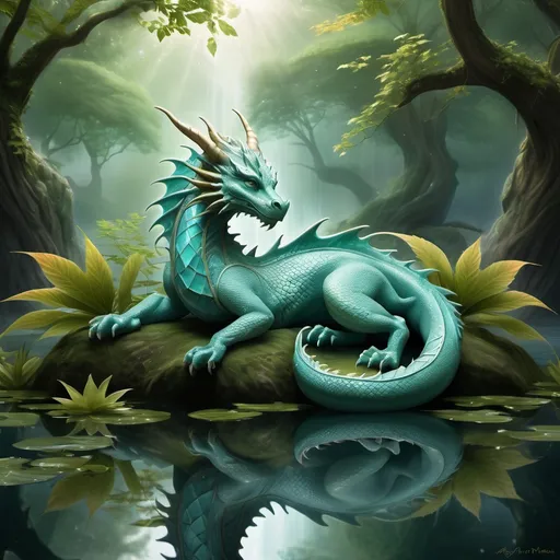 Prompt: (purposeful dragon) relaxing, embodied in serenity, harmonious colors, lush surroundings, mystical, emanating a peaceful aura, embracing nature, calm demeanor, tranquil atmosphere, meditative state, ethereal lighting filtering through leaves, ultra-detailed, cinematic depth, magical elements in the background, reflective water nearby, symbolizing balance for mind, body, and spirit.