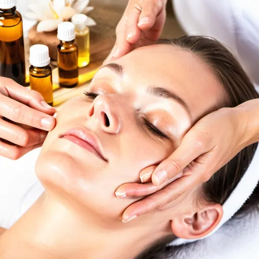 Prompt: aromatherapy face massage, hands and face, serene, oils