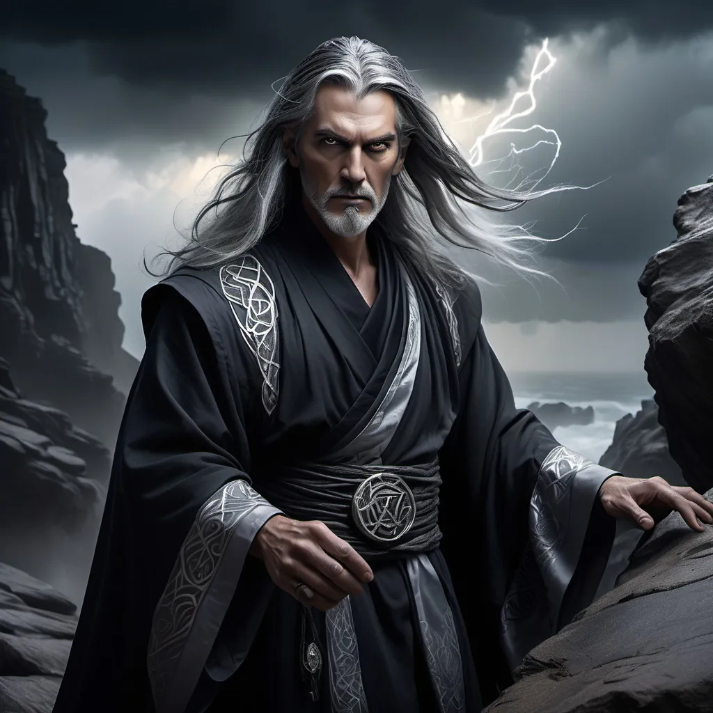 Prompt: (older man warlock), striking black eyes, silver dark hair with silver streaks, (aura of power), good-looking features, wearing mystical robes, ancient runes glowing faintly, dramatic lighting casting shadows on his face, (mysterious ambiance), atop a rocky cliff with a stormy sky, wisps of magic swirling around him, ultra-detailed, cinematic atmosphere.