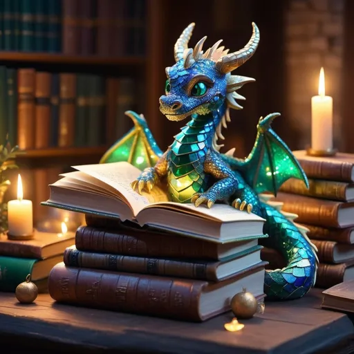 Prompt: (whimsical book dragon), colorful scales shimmering with hues of emerald and sapphire, perched atop a stack of ancient books, surrounded by magical sparkles, cozy library background filled with stacks of more books, soft warm candlelight illuminating the scene, serene and enchanting atmosphere, highly detailed and ultra-realistic, 4K quality, evoking a sense of wonder and imagination.