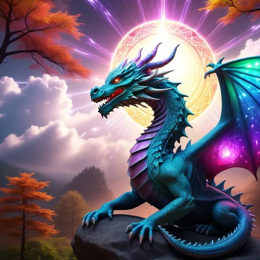 Prompt: (deeply mystical dragon) performing reiki energy healing, ethereal glow enveloping the scene, vibrant colors radiating harmony, swirling energy patterns, tranquil ambiance, serene surroundings with soft, fluffy clouds, enchanting forest in the backdrop, sparkling light effects illustrating healing energy, (meditative atmosphere), highly detailed, (4K quality).