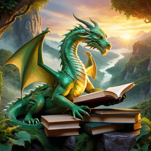 Prompt: (majestic dragon entwined with books), fantasy landscape image for Facebook cover photo, enchanting ambiance, ethereal glow, symbolizing intelligence, mystical surroundings, lush greenery, shimmering lights, ultra-detailed, warm eyes, golden hues and soft greens, inviting atmosphere, imaginative fantasy style, dreamy peaks in the background, captivating details, and vibrant contrasts creating a sense of wonder.