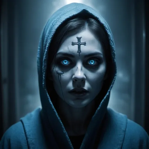 Prompt: Modern exorcist, intense and eerie atmosphere, dark and eerie, high quality, detailed, supernatural, horror, modern setting, dramatic lighting, mystical symbols, ominous shadows, professional, cinematic, chilling, haunting, paranormal, eerie blue tones, eerie mist, ritualistic, detailed facial features, urban, supernatural