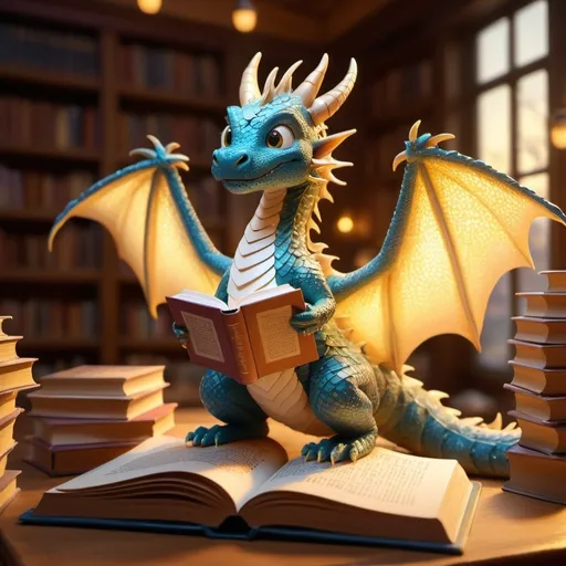 Prompt: (book dragon), magical creature, intricately designed scales resembling book pages, lively and whimsical pose, surrounded by floating books, whimsical library background, warm golden light illuminating the scene, cozy and inviting atmosphere, high detail, 4K, vibrant colors, enchanting ambiance, a sense of joy and curiosity.